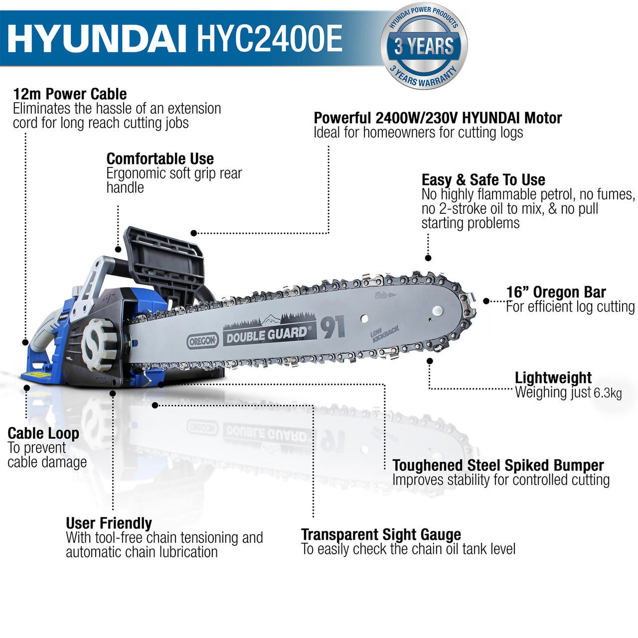 Hyundai 16" 40cm Electric Chainsaw 2400W 230V | HYC2400E