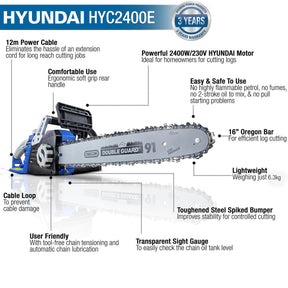 Hyundai 16" 40cm Electric Chainsaw 2400W 230V | HYC2400E