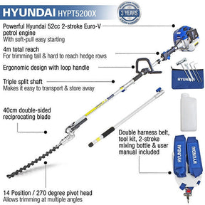 Hyundai 52cc 425mm Long Reach Petrol Pole Hedge Trimmer Pruner 2-Stroke | HYPT5200X