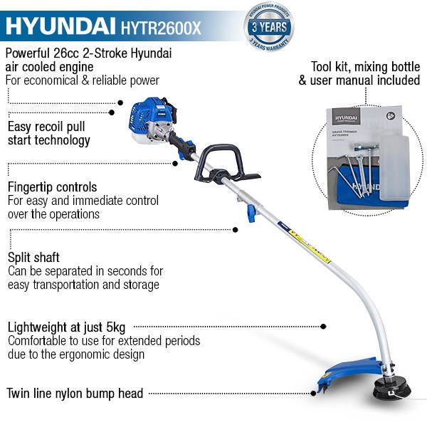 Hyundai 26cc Split Shaft Petrol Grass Trimmer 38cm Cutting Width | HYTR2600X
