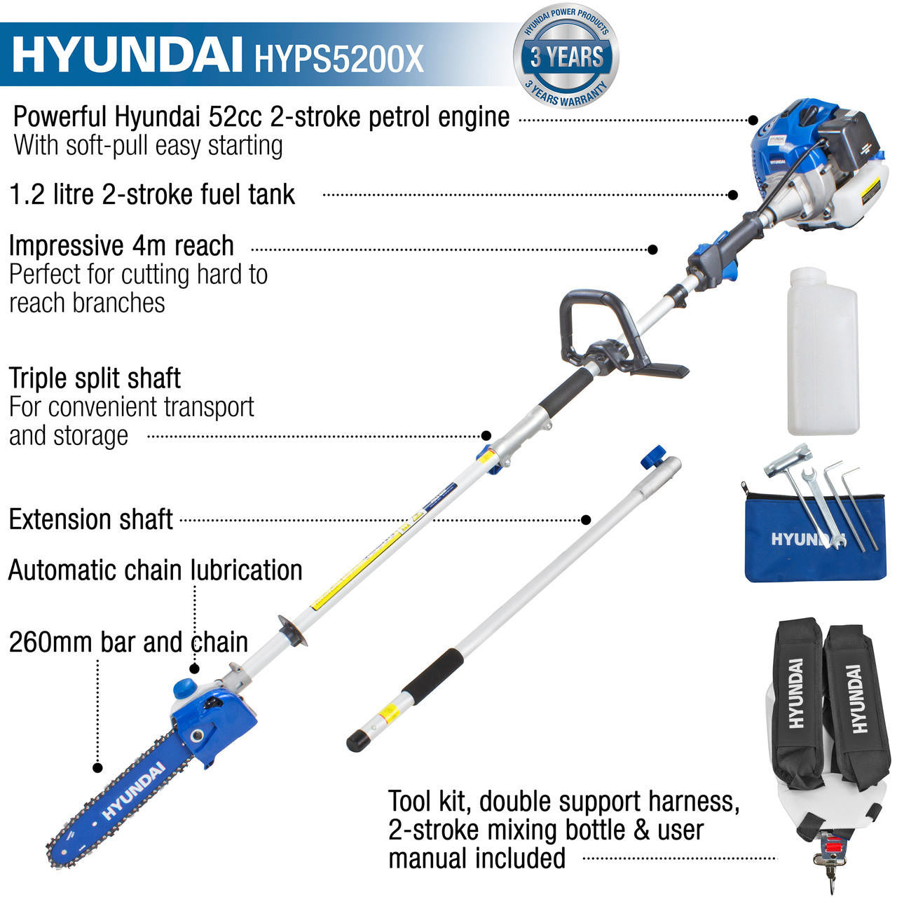 Hyundai 52cc Petrol Pole Saw Pruner Chainsaw 2.7m Long Reach 260mm Cutting Width | HYPS5200X