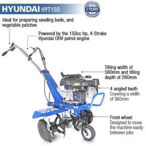 Hyundai 150cc 56cm Petrol Garden Tiller, Cultivator, Rotovator and Rototiller 4-Stroke 2.7kW 6 x 4 Blades | HYT150
