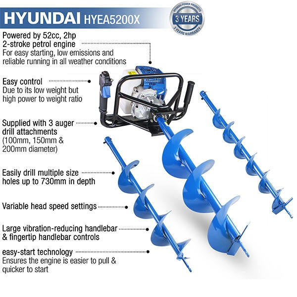 Hyundai 52cc Petrol Earth Auger, Post Hole Borer and Ground Drill - 100, 150 & 200mm| HYEA5200X