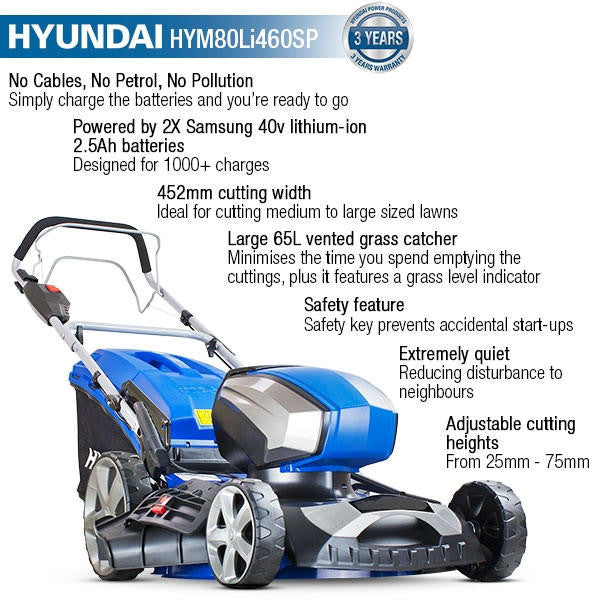 Hyundai 18" / 45cm 80V Cordless Self Propelled Lawnmower, 2x Batteries & Charger, Li-Ion Battery Powered | HYM80Li460SP