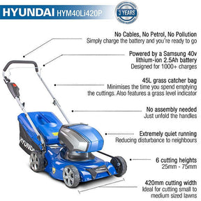 Hyundai 42cm Cordless 40v Lithium-Ion Battery Lawnmower with Battery and Charger | HYM40LI420P