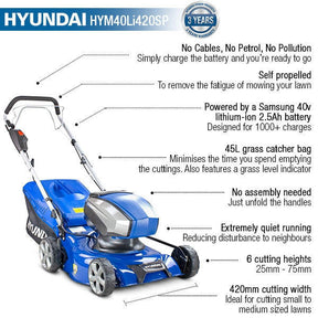 Hyundai 16.5'' / 42cm 40v Cordless Self-Propelled Lawnmower 2.5Ah Li-Ion Battery | HYM40LI420SP