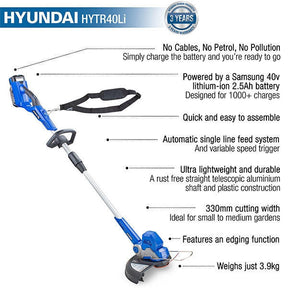 Hyundai 40v Cordless Grass Trimmer 2.5Ah Li-ion Battery and Charger 33cm Cutting Width | HYTR40LI