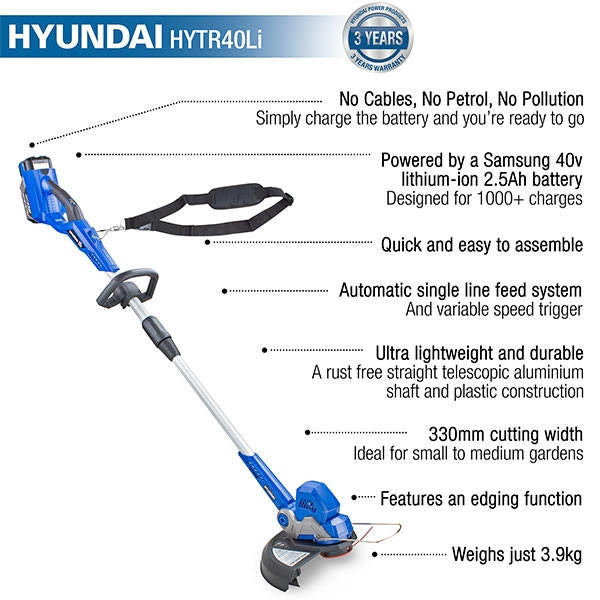 Hyundai 40v Cordless Grass Trimmer 2.5Ah Li-ion Battery and Charger 33cm Cutting Width | HYTR40LI