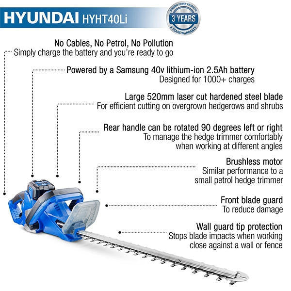 Hyundai 40v 520mm Hedge Trimmer 2.5Ah Li-ion Battery and Charger | HYHT40LI