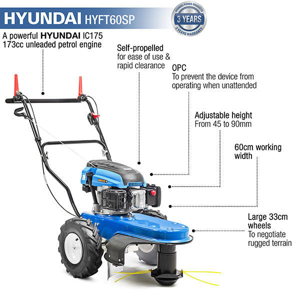 Hyundai 173cc Self Propelled Petrol Wheeled Field Grass Trimmer Heavy Duty 60cm Cutting Width | HYFT60SP