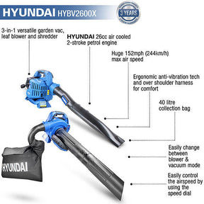 Hyundai 26cc 3-in-1 Petrol Leaf Blower, Garden Vac & Shredder, 157mph Air Speed, 40L Collection Bag | HYBV2600X