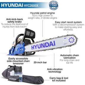 Hyundai 20" 50cm 62cc Petrol Chainsaw, 2-Stroke Easy-Start | HYC6200X