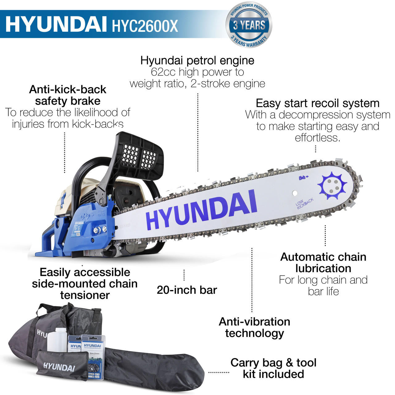 Hyundai 20" 50cm 62cc Petrol Chainsaw, 2-Stroke Easy-Start | HYC6200X