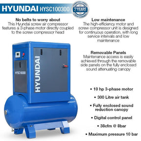 Hyundai 10hp 300L Heavy-Duty Industrial Screw Air Compressor, 400v, Quiet Running | HYSC100300