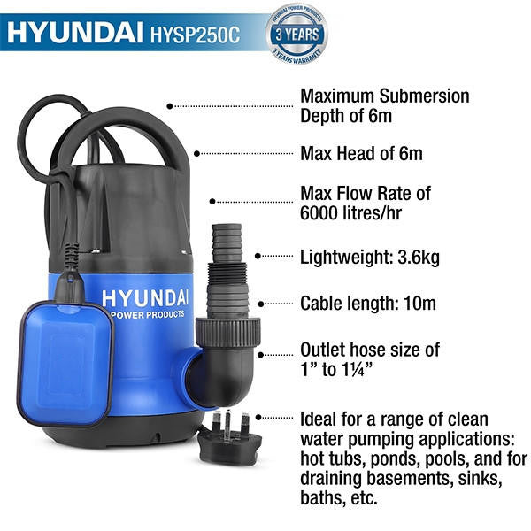 Hyundai 250W Submersible Water Pump, 25-32mm / 1 - 1/4" Hose, Clean Water, 10m Lift | HYSP250C
