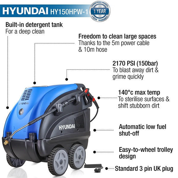 Hyundai 2170PSI 150bar Hot Pressure Washer 110°C 2.8kW Power Jet Washer, Axial Cylinder Pump | HY150HPW-1