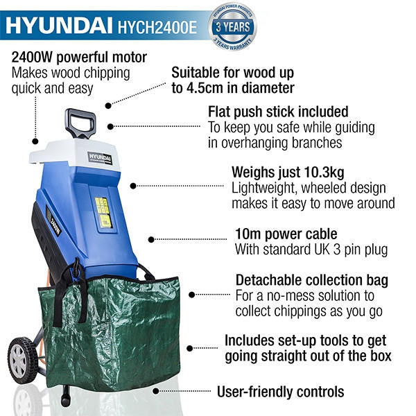 Hyundai 2400w Electric Garden Shredder 2.4kW 230v 45L Collector | HYCH2400E