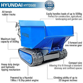 Hyundai 196cc 500kg Petrol Tracked Mini Dumper Power Barrow Transporter | HYTD500