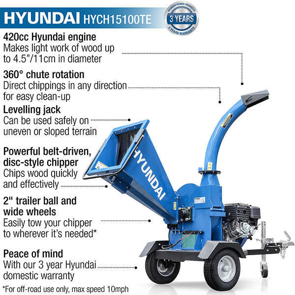 Hyundai 420cc 110mm Petrol Wood Chipper with Electric-Start Engine 4-Stroke Engine | HYCH15100TE