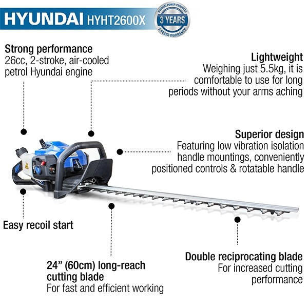 Hyundai 26cc 600mm Petrol Hedge Trimmer Cutter, Easy-Start & Lightweight 2-stroke | HYHT2600X