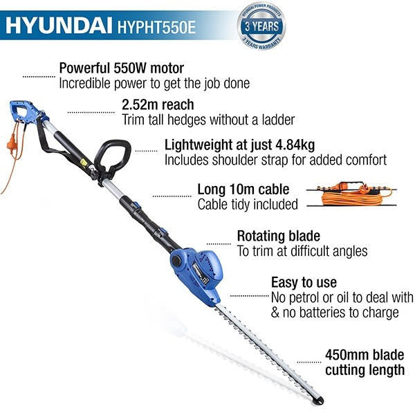 Hyundai 550W 450mm Long Reach Corded Electric Pole Hedge Trimmer/Pruner | HYPHT550E