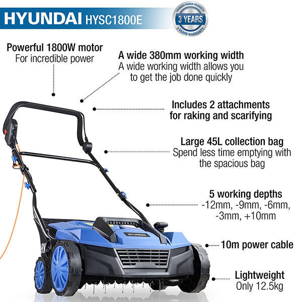 Hyundai 15'' / 38cm Electric Lawn Scarifier Aerator Lawn Rake 1800W 230V | HYSC1800E