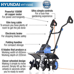 Hyundai 1500W 45cm Electric Garden Tiller, Cultivator, Rotovator and Rototiller 4 x 6 Blades | HYT1500E