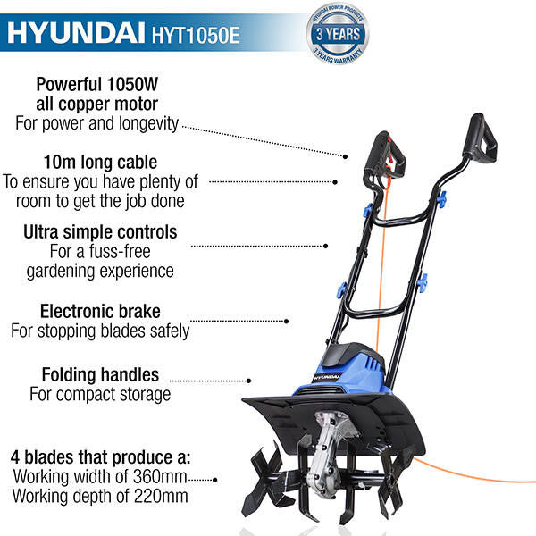 Hyundai 1050W 36cm Electric Garden Tiller, Cultivator, Rotovator and Rototiller 4 x 4 Blades | HYT1050E