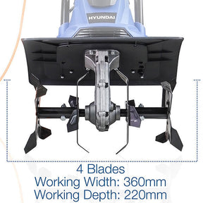 Hyundai 1050W 36cm Electric Garden Tiller, Cultivator, Rotovator and Rototiller 4 x 4 Blades | HYT1050E