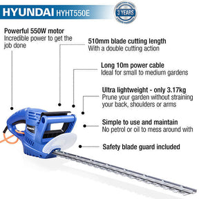Hyundai 550W 510mm Corded Electric Hedge Trimmer Pruner | HYHT550E