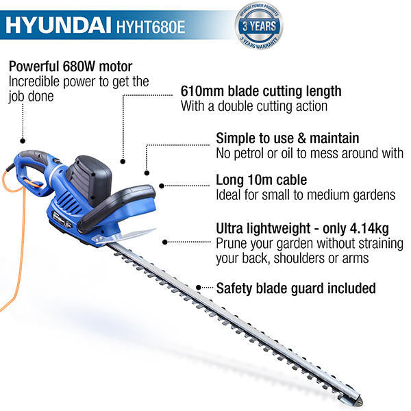 Hyundai 680W 610mm Electric Hedge Trimmer Pruner | HYHT680E