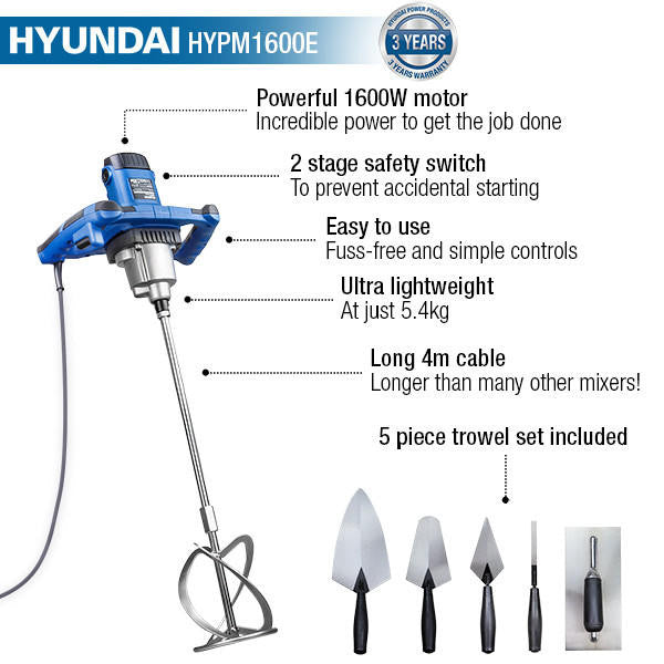 Hyundai 1600W Electric Paddle Mixer 5 Piece Trowel Set 230v 240v | HYPM1600E