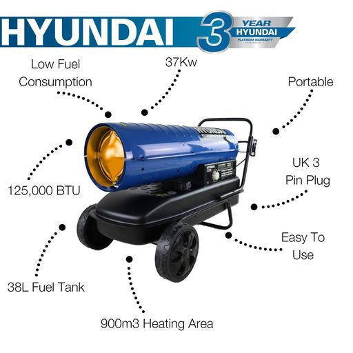 Hyundai 125,000BTU / 37kW Diesel or Kerosene Space Heater, 900m3 Coverage, Thermostat | HY125DKH