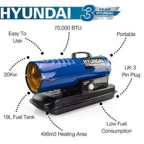 Hyundai 70,000BTU / 20kW Diesel or Kerosene Space Heater, 496m3 Coverage, Thermostat | HY70DKH