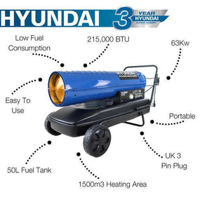 Hyundai 215,000 / 63kW Diesel or Kerosene Space Heater, 1500m3 Coverage, Thermostat | HY215DKH