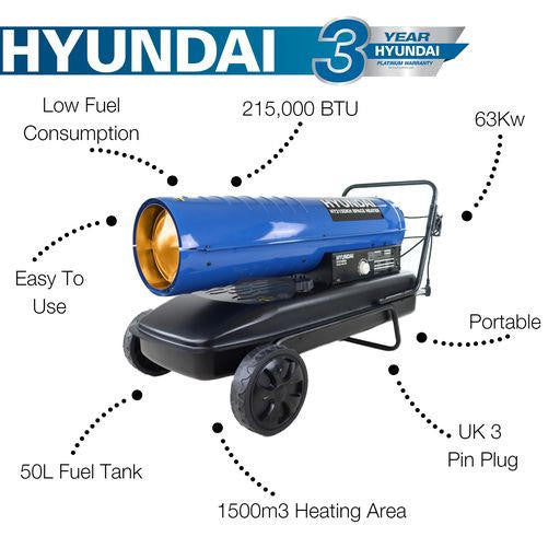 Hyundai 215,000 / 63kW Diesel or Kerosene Space Heater, 1500m3 Coverage, Thermostat | HY215DKH