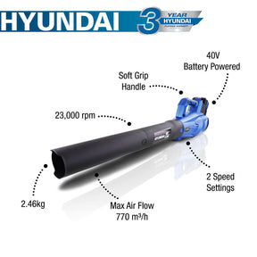 Hyundai 40V Cordless Leaf Blower, 132mph Air Speed, Lightweight, Li-Ion Battery Powered Garden Blower | HYB40LI