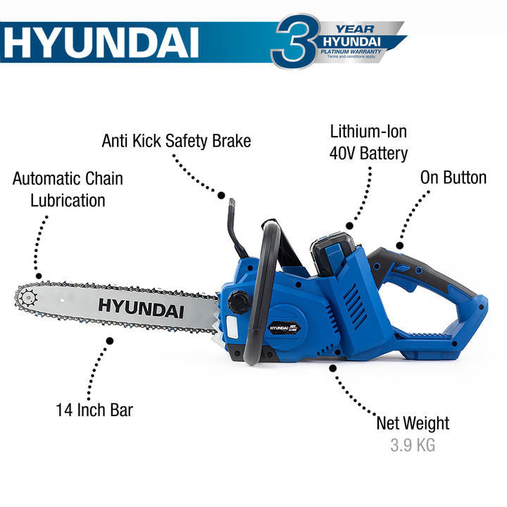 Hyundai 14'' 35cm Cordless Battery Chainsaw 40V Li-Ion 2.5Ah Battery| HYC40LI