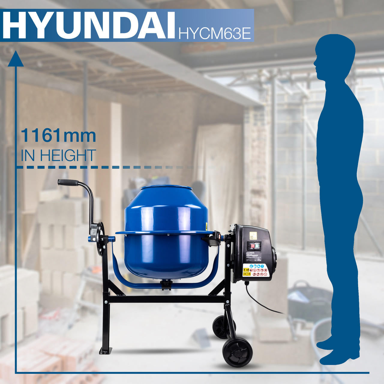 Hyundai 220W 63L Electric Cement Concrete Mixer 230v | HYCM63E