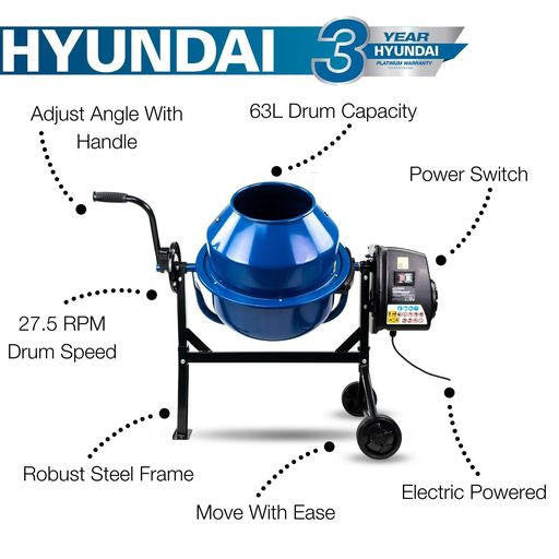 Hyundai 220W 63L Electric Cement Concrete Mixer 230v | HYCM63E