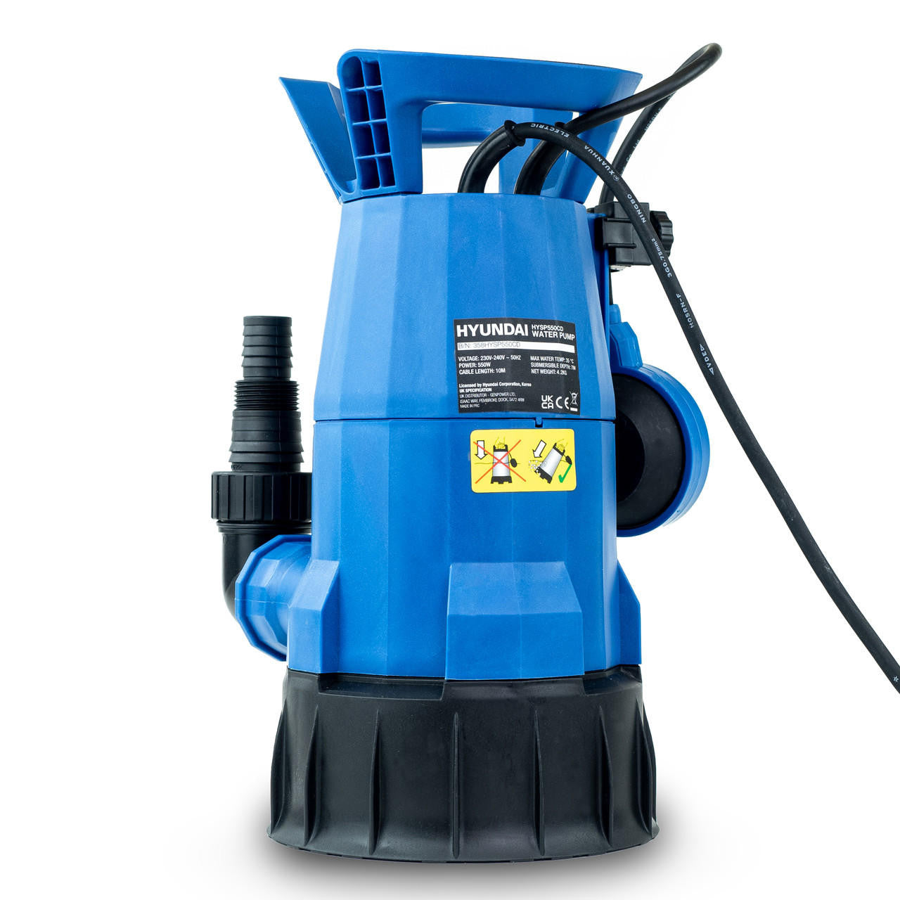 Hyundai 550w Submersible Pump, 25-32mm 1-1/2" Hose, Clean and Dirty Water Sump Pump, 7m Lift | HYSP550CD