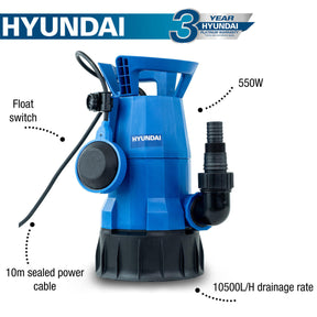 Hyundai 550w Submersible Pump, 25-32mm 1-1/2" Hose, Clean and Dirty Water Sump Pump, 7m Lift | HYSP550CD