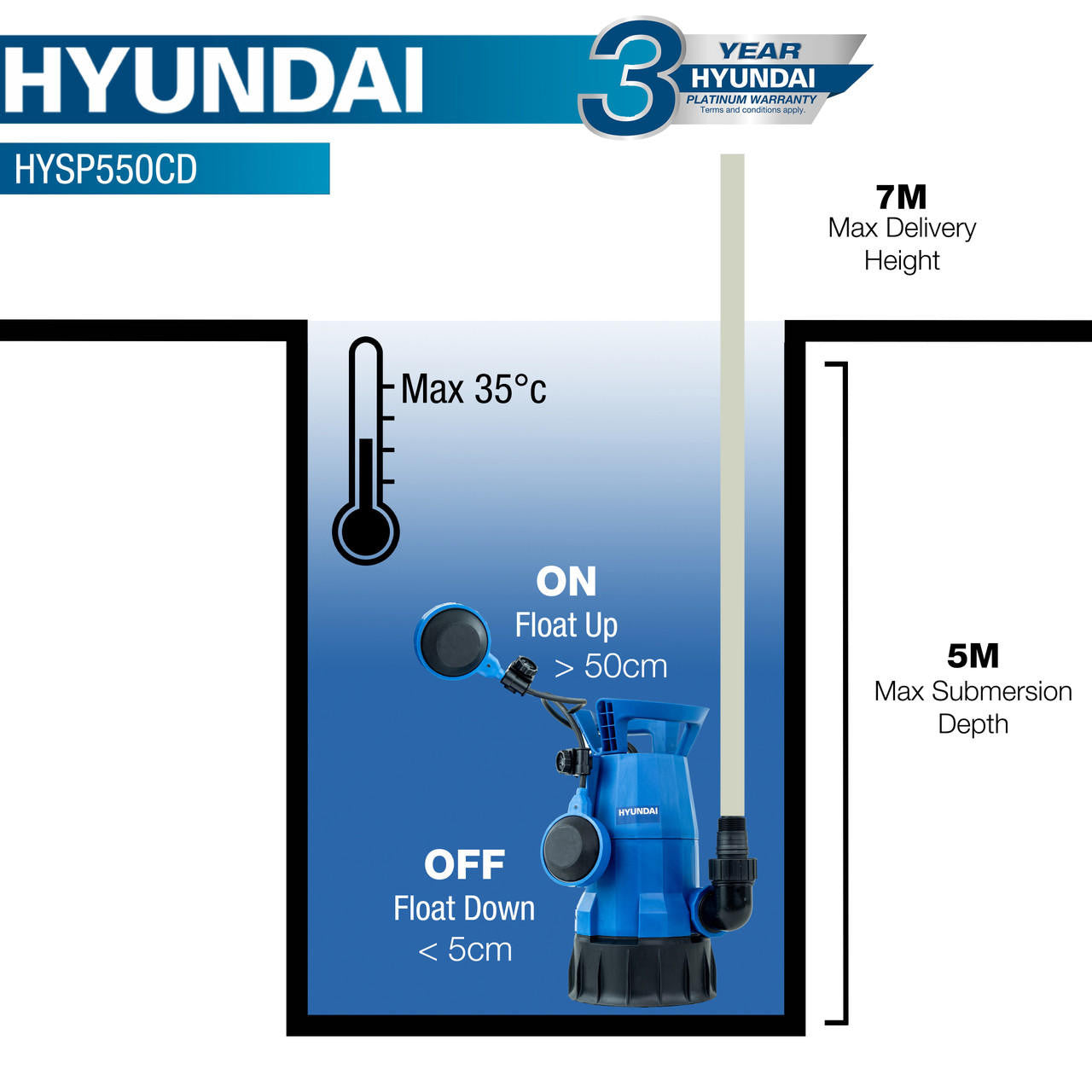 Hyundai 550w Submersible Pump, 25-32mm 1-1/2" Hose, Clean and Dirty Water Sump Pump, 7m Lift | HYSP550CD