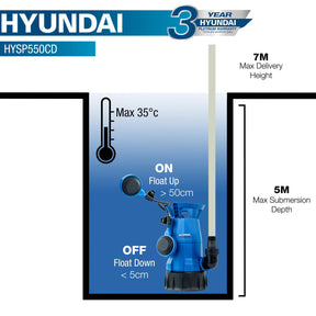 Hyundai 550w Submersible Pump, 25-32mm 1-1/2" Hose, Clean and Dirty Water Sump Pump, 7m Lift | HYSP550CD