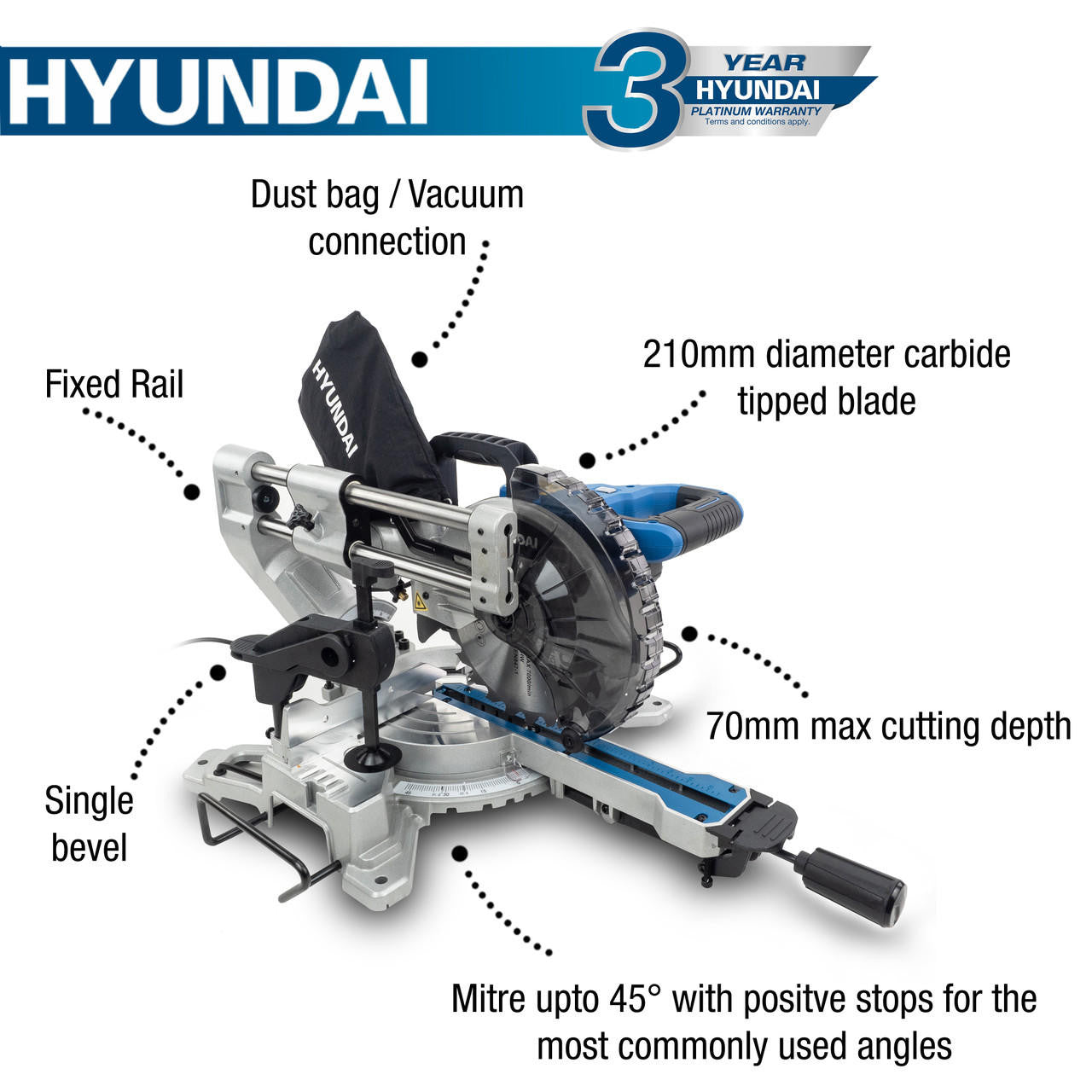Hyundai 1500W Electric Mitre Saw / Chop Saw with 210mm Blade, 230V | HYMS1500E