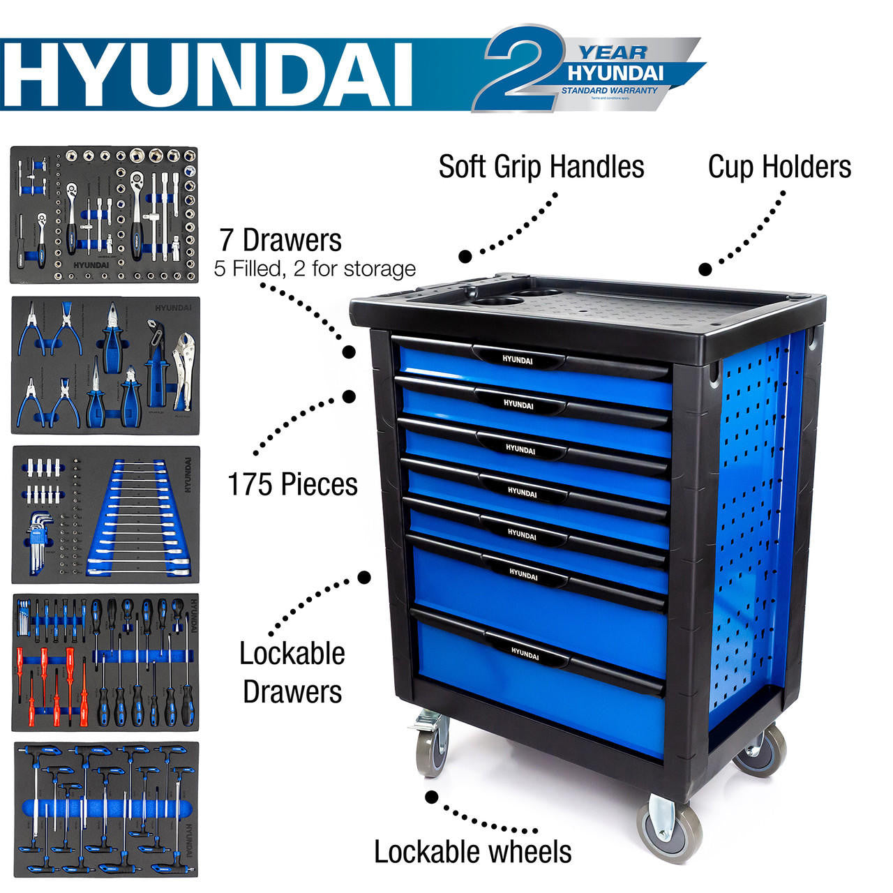 Hyundai Tool Chest 175 Piece 7 Drawer Castor Mounted Roller Cabinet | HYTC9006