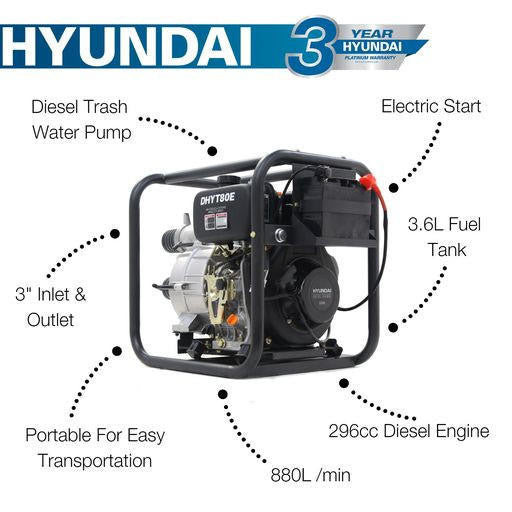 Hyundai Diesel Dirty Water Pump 3in Electric Start + 2 Hoses