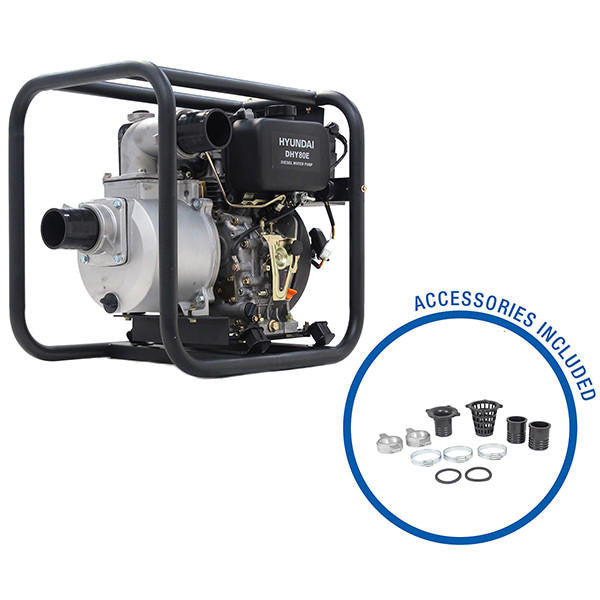 Hyundai Diesel Water Pump Electric Start Commercial 60,000 L/HR + 2 Hoses