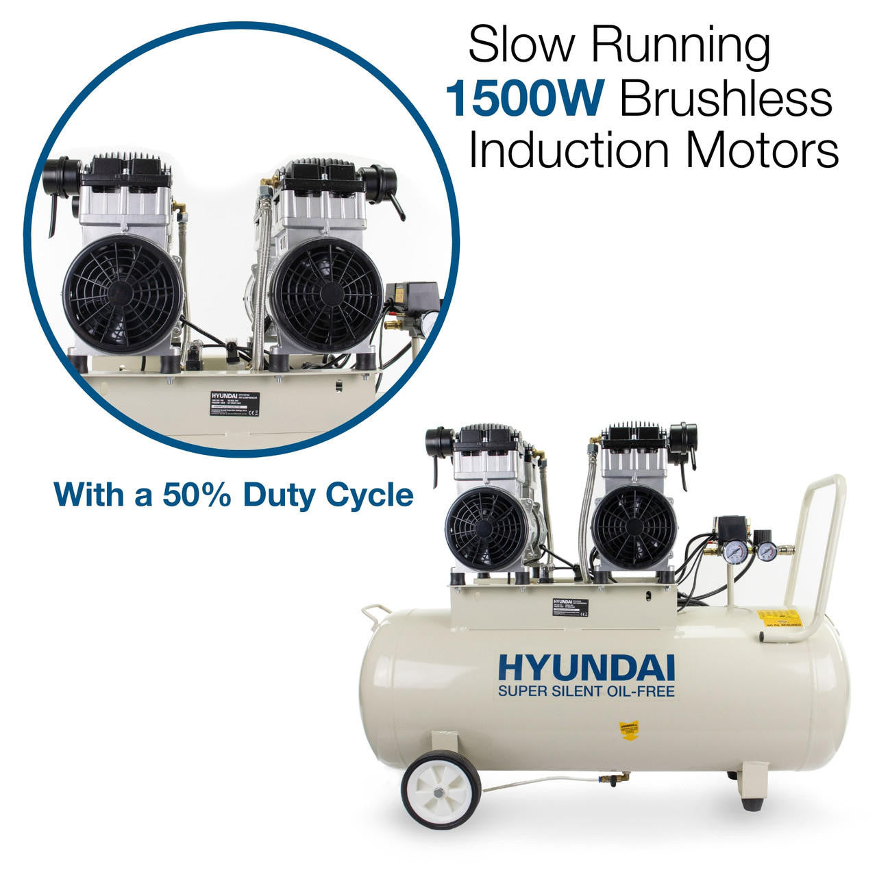 Hyundai 1500W / 4HP 100L Oil Free Low Noise Electric Air Compressor 22CFM 145psi Direct Drive | HY2150100