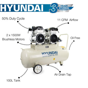 Hyundai 1500W / 4HP 100L Oil Free Low Noise Electric Air Compressor 22CFM 145psi Direct Drive | HY2150100